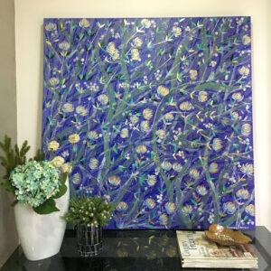 Raquel Carraro, "Violeta", pintura mista sobre tela, 100 x100 cm / com adição de moldura filete / R$ 5.200,00.
